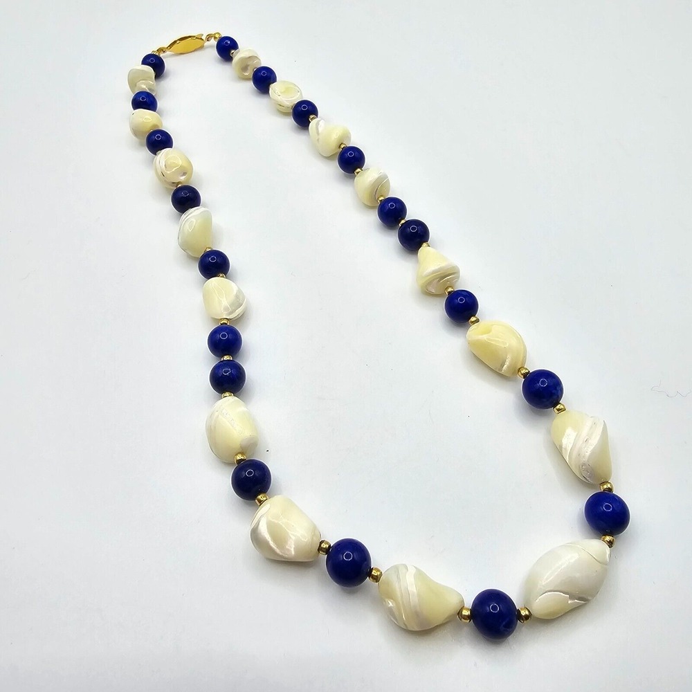 Womens Cobalt Blue Cream Beaded Necklace‎ Gold Tone Spacers Retro Statement